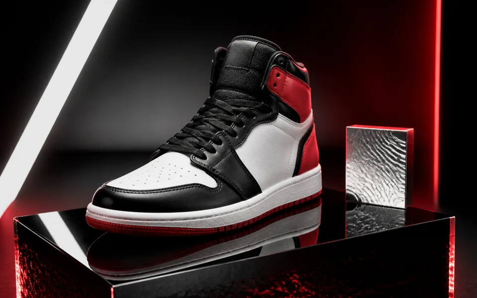Red, black, and silver sneaker setting for the Foot Locker gift card